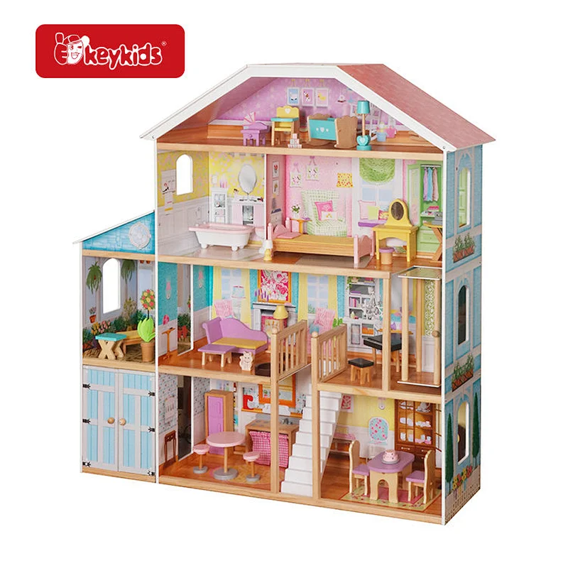 Wooden 4-Story Dollhouse with 9 Fully Furnished Rooms, Balcony, Piano, Bathtub, Movable Furniture for Kids Pretend Play W06A358C